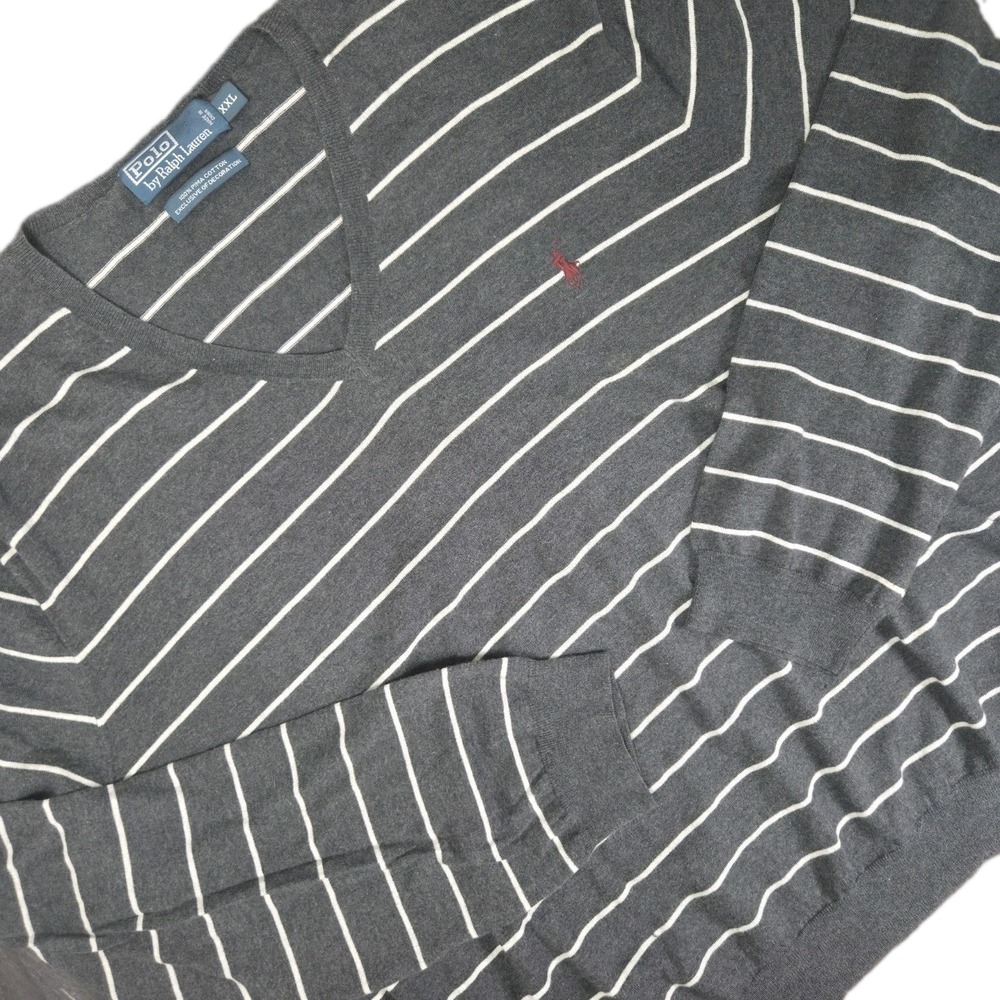Polo Ralph Lauren Pima Cotton V-Neck Sweater Men's 2XL Gray Striped Lightweight